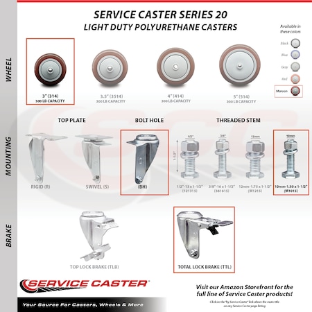 Service Caster 3 Inch Maroon Polyurethane Swivel 10mm Stem Caster Total Lock Brake, 2PK SCC-TSTTL20S314-PPUB-MRN-M1015-2-S-2